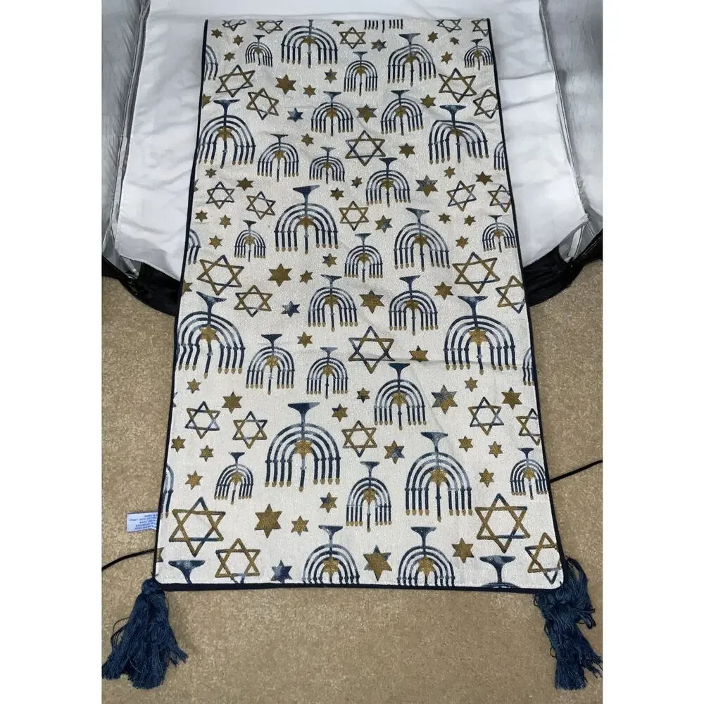 NEW HANUKKAH TABLE RUNNER 16x72” STAR OF DAVID MENORAH GOLD BLUE METALLIC
